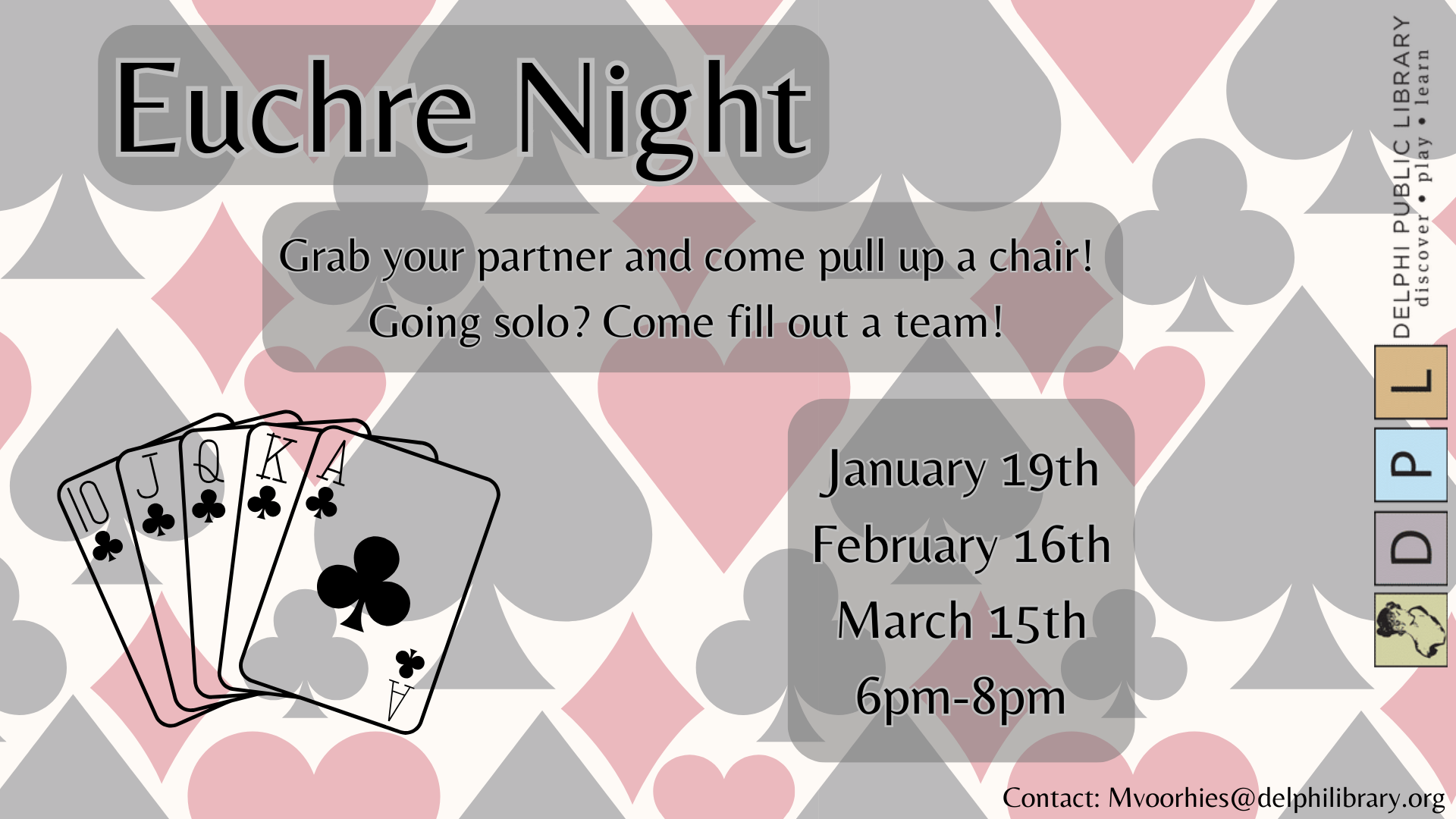 Playing card themed poster with event information