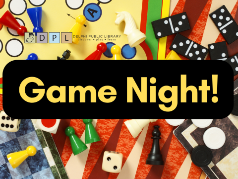 Background w/ multiple board games & game pieces w/ black text box in center, "Game Night"