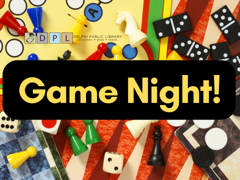 Board game background w/ black text box, "Game Night!"