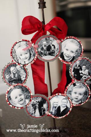 Family photo wreath w/ red ribbon at top