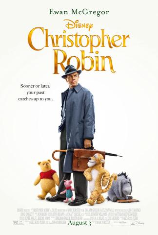 christopher robin standing with pooh, piglet, tigger & eeyore