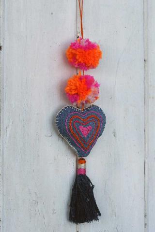 Hanging embroidered denim heart decorations