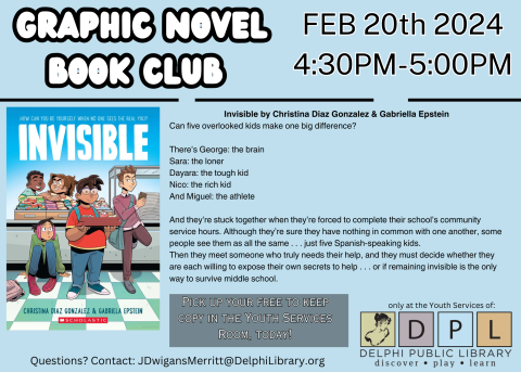 Graphic Novel Book Club Feb 20th 4:30-5PM in the Makerspace at Delphi Public Library 