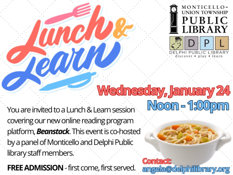 Lunch & Learn poster w/ Monticello & Delphi Public Library logos