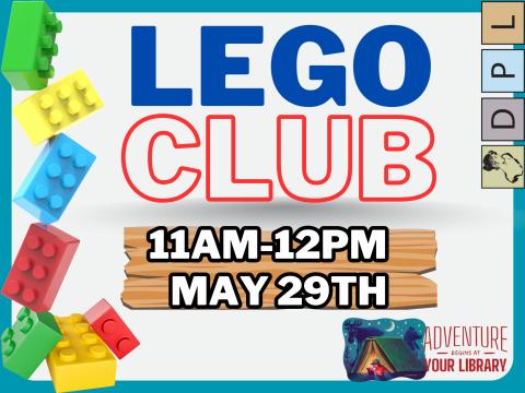 Lego Club 11AM-12PM May 29th 2024 in the Delphi Public Library Makerspace. 