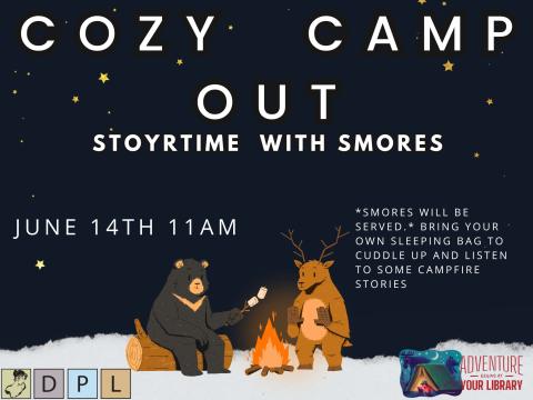 Cozy Camp Out Storytime with Smores June 14th 11Am at Delphi Public Library 