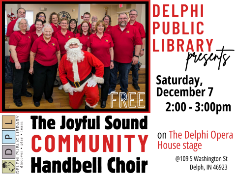 handbell choir group photo w/ red & black text for event