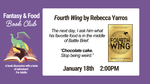 A book cover for Fourth Wing by Rebecca Yarros features a dragon. Beside it is a quote from the book highlighting chocolate cake.