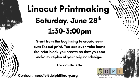 Linocut Printmaking, Saturday June 28th, 1:30-3:00pm