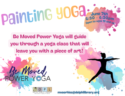 Colorful paint splatters, woman in warrior pose, event information