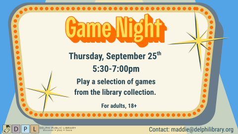 Game Night for Adults- Thursday, September 25th, 5:30pm