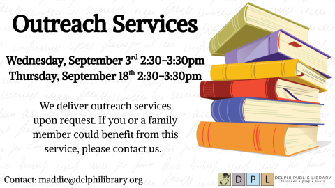 Outreach Services- Stack of colorful books 