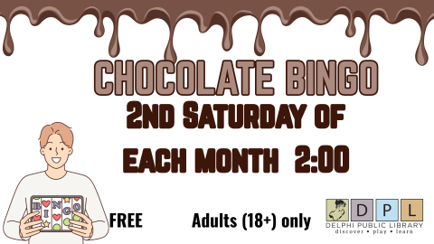 A man excitedly holds up a bingo card. Chocolate Bingo is the 2nd Saturday of the month at 2:00. Free, Adults Only.