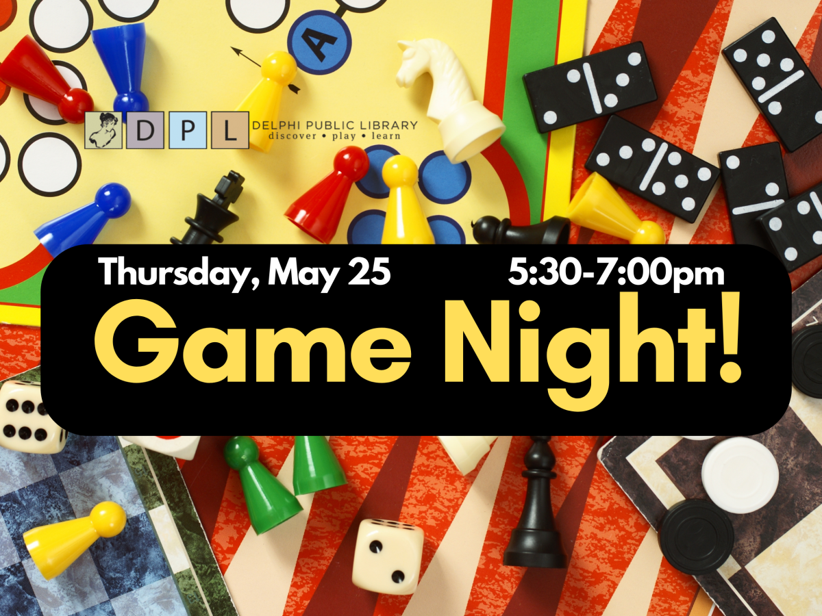 Background w/ multiple board games & game pieces w/ black text box in center, "Game Night -Thur, May 25-5:30-7:00pm