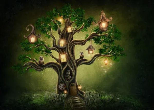 fairytale tree filled w/ lanterns, owls, etc.