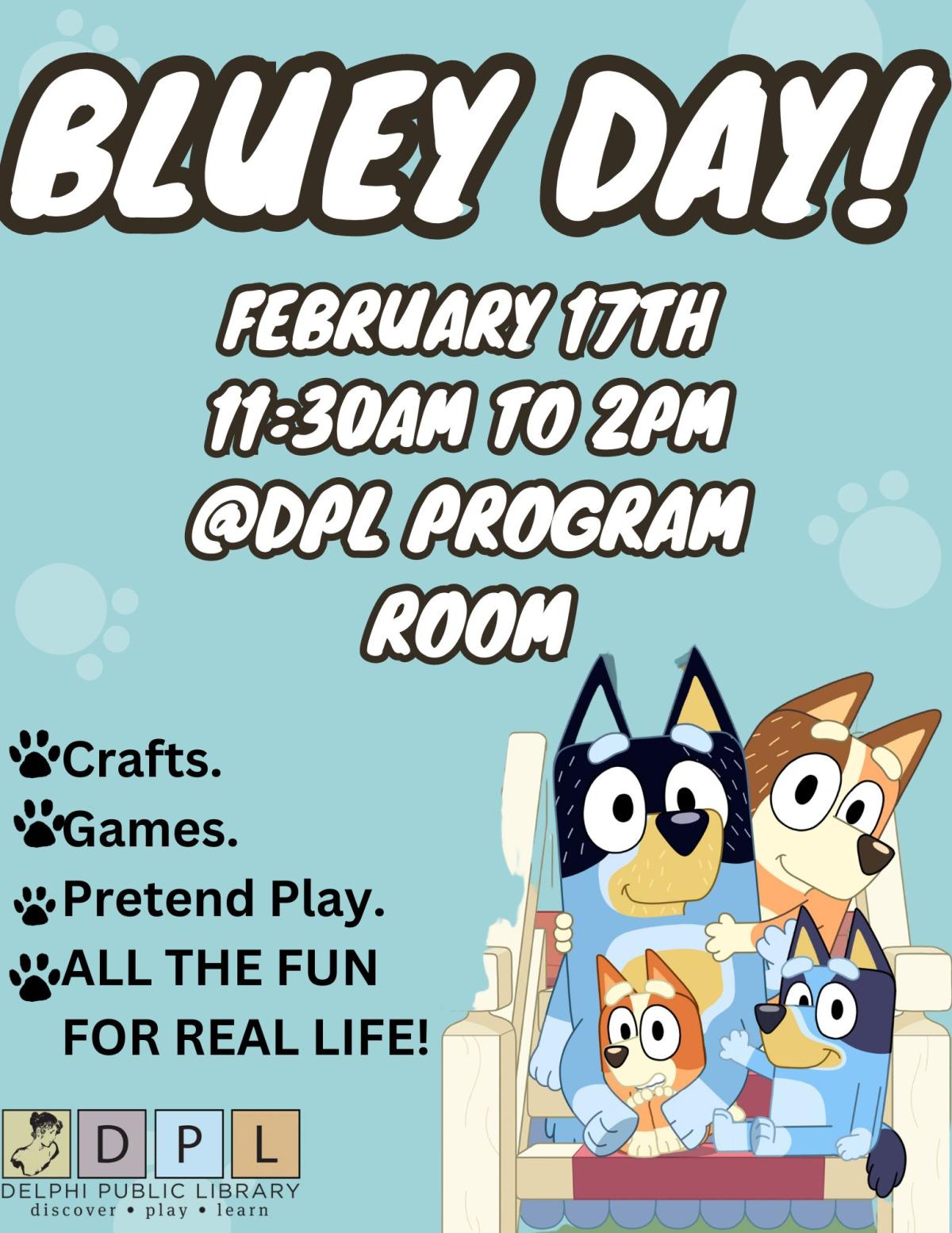 BLUEEEY day at Delphi Public Library. Feb 17th 2024 11:30AM to 2PM