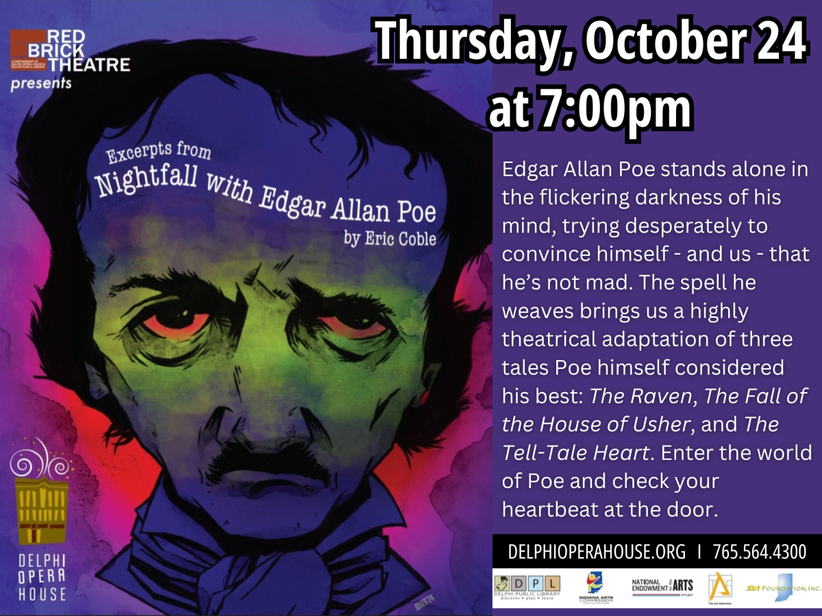 Spooky Edgar Allan Poe image w/ event details on purple background