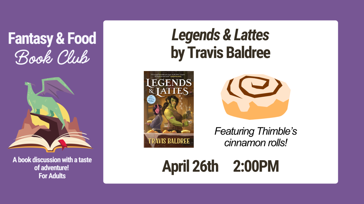 The book cover for Legends & Lattes and an image of a cinnamon roll.