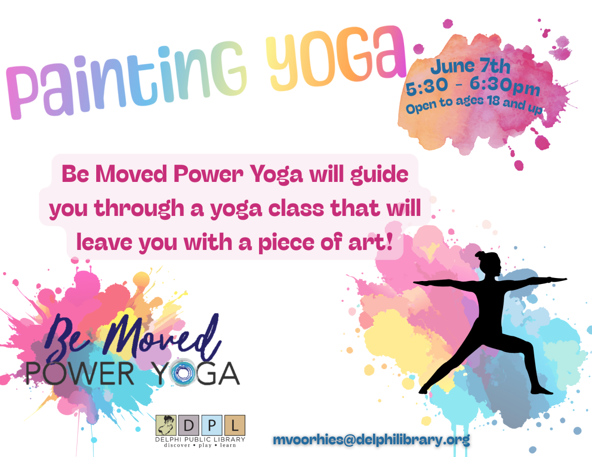 Colorful paint splatters, woman in warrior pose, event information